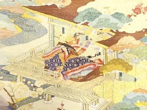 アンティーク　明綴れ　平安人物風景模様織り出し袋帯